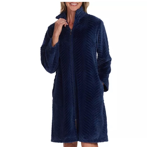 Miss Elaine Women's Solid Long-Sleeve Short Zip Fleece Robe - Midnight Blue - Picture 1 of 2